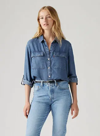 پیراهن جین زنانه Levis مدل Doreen Utility Shirt در پچ‌های آبی تیره