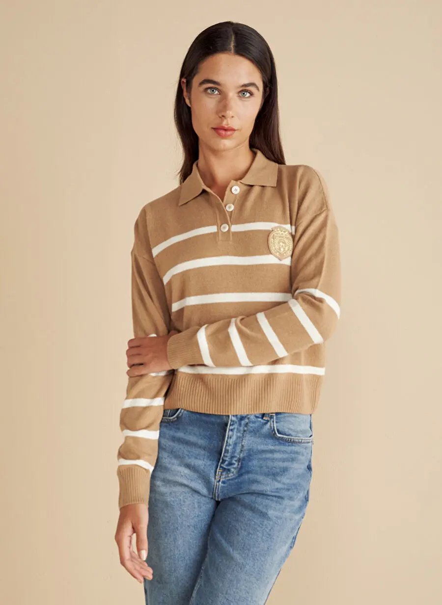 Brooks Brothers کرم-قهوه‌ای زنانه فیت استاندارد پولو یاقه راه راه بافتنی