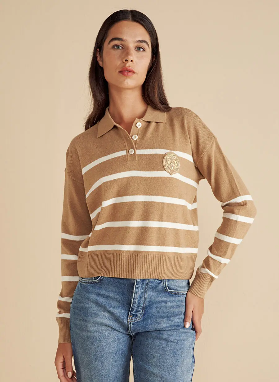 Brooks Brothers کرم-قهوه‌ای زنانه فیت استاندارد پولو یاقه راه راه بافتنی
