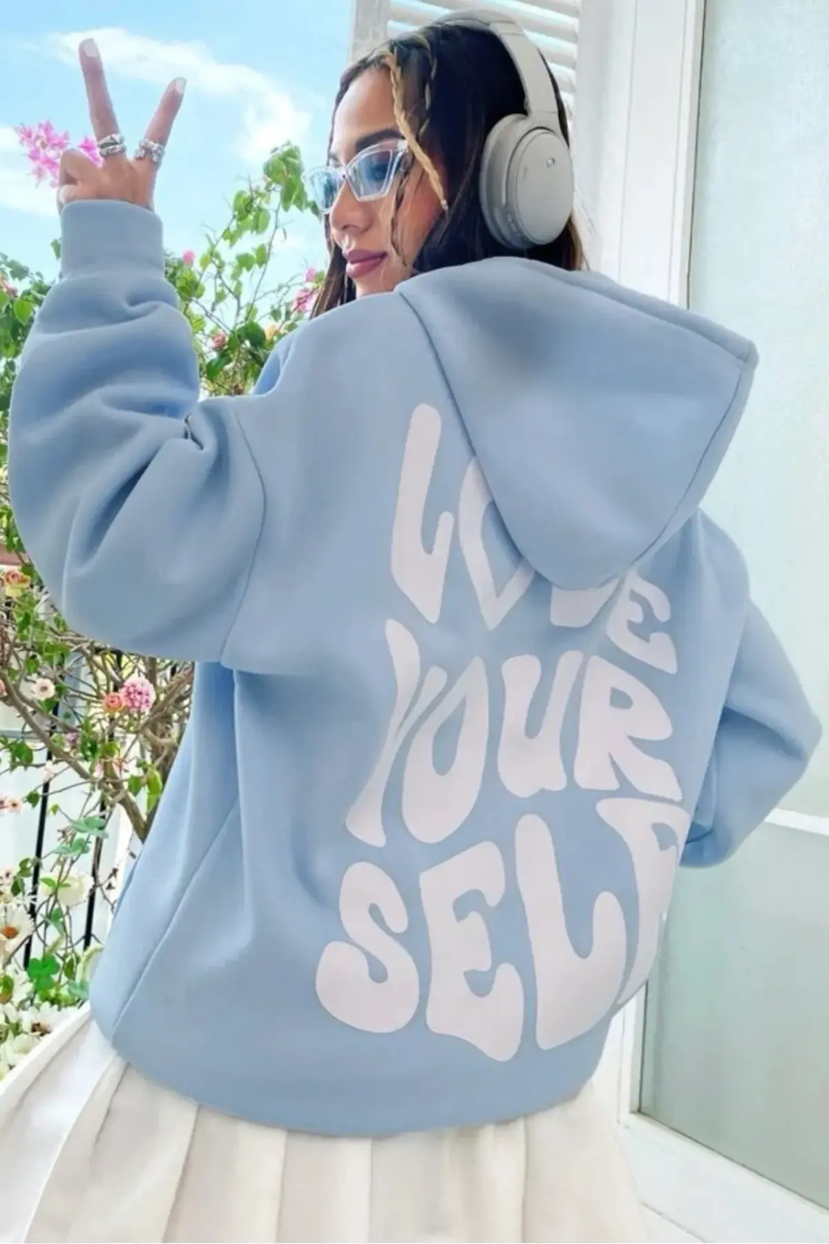 سویشرت اورسایز هودی‌دار Love Your Self چاپی سه نخ شاردون 100% پنبه