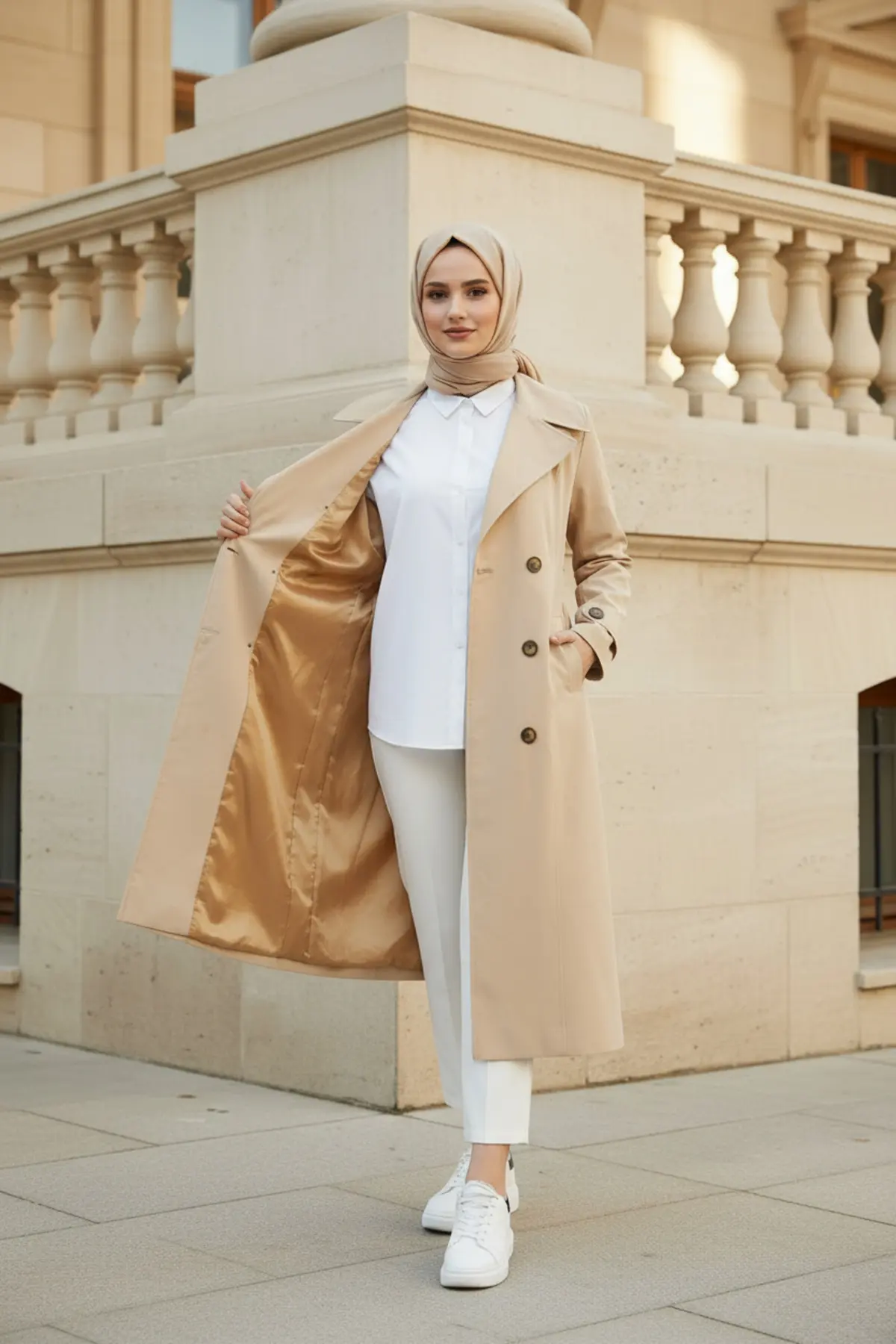 کت ترنچ زنانه بلند مدل Açık Bej – 100% پنبه اکسترا لانگ (120 سانتی‌متر) فیت کامل