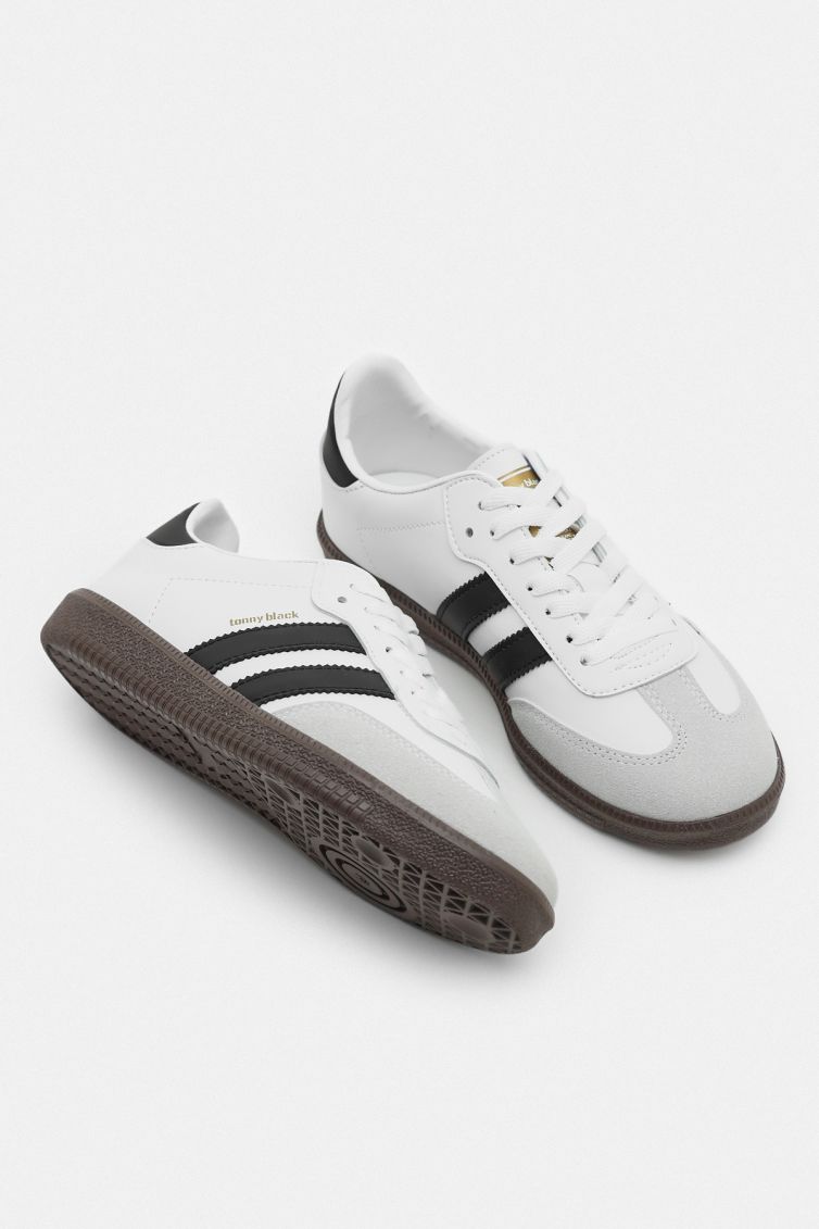 کفش ورزشی بندی سفید و مشکی یونی سکس با زیره ترمو و نوار کناری