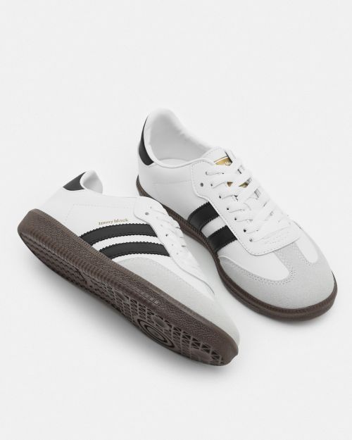 کفش ورزشی بندی سفید و مشکی یونی سکس با زیره ترمو و نوار کناری