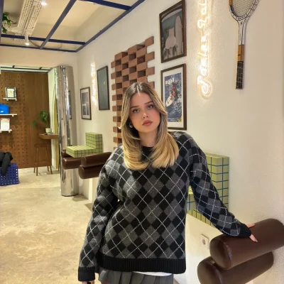 ژاکت زنانه اورسایز طرح لوزی یقه اسکی مشکی طوسی trendyol