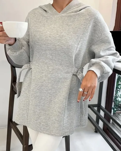 سویشرت زنانه هودی دار طرح ویژه کمربند دار طوسی