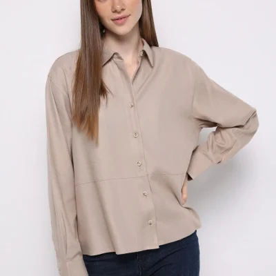 پیراهن زنانه آستین بلند بژ مدل Relax Fit Shirt Neck Colin S
