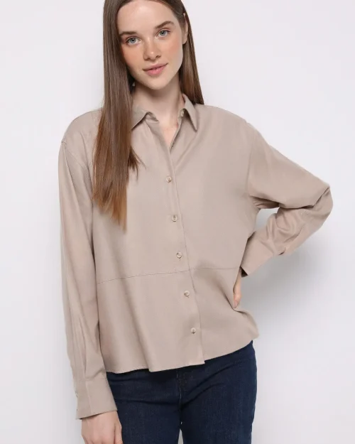 پیراهن آستین بلند زنانه بژ مدل Relax Fit Shirt Neck
