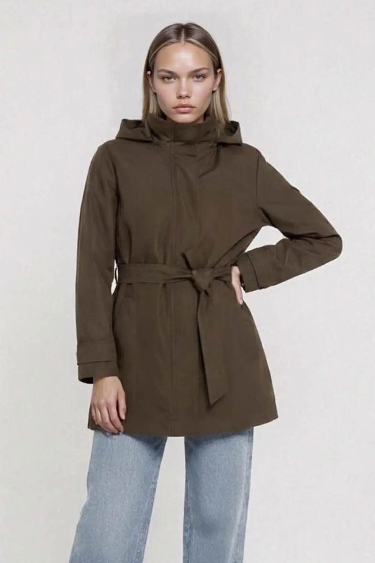 ترنچ کت زنانه خاکی با کمربند و هود E8582AX/KH402