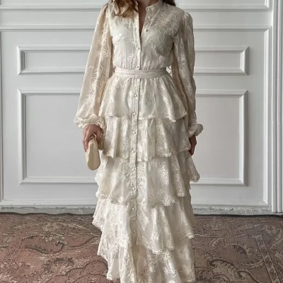لباس چندلایه بژ با نوار و والان Elbee Fashion Woman