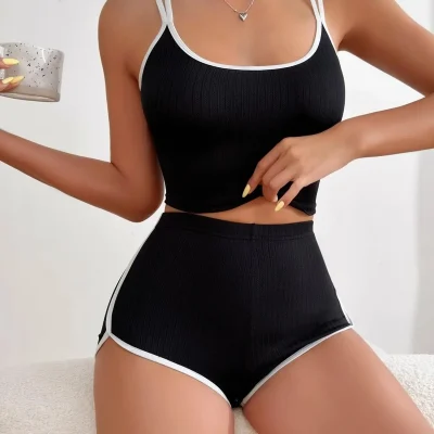 ست برالت و شورت مشکی با لبه سفید زنانه Fancy Dancy