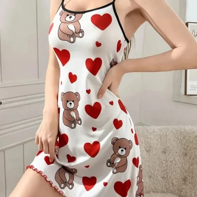 Hello Kitty پیراهن شب یقه عمیق V با توری و چاک - گان خواب نرم و لطیف Hubann