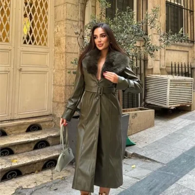 کت ترنچ زنانه چرمی با یقه قابل جدا شدن و جزئیات خز NBSTR1001 Neseli Butik