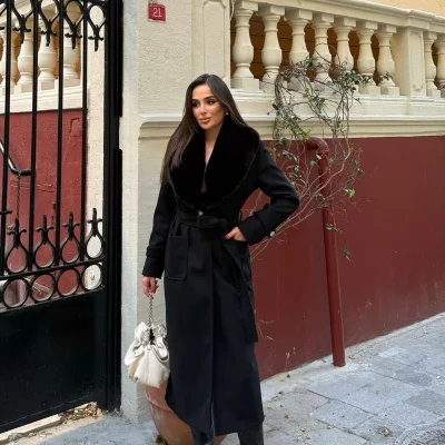 کاپشن زنانه کتان بلند با یقه خز و کمربند مدل NBSTR1003 Neseli Butik