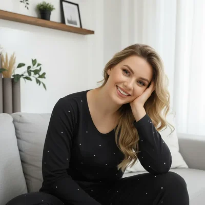 ست پیژامه زنانه آستین بلند طرح خال خالی ویسکوز مشکی Miss Meryem