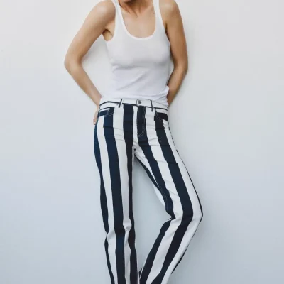 شلوار جین زنانه ZW COLLECTION کمر متوسط راسته با خطوط کنتراست zara