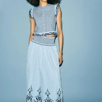 دامن میدی چهارخانه گلدوزی شده zara