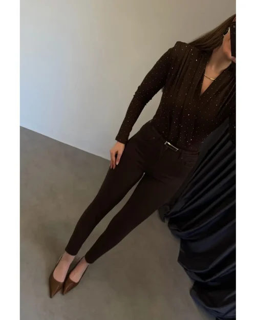 شلوار جین اسکینی رگینا مدل Toparlayıcı Fit قهوه‌ای