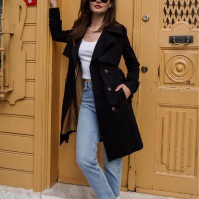 ترنچ کت زنانه مدل 1113، بژ، 100% پنبه گاباردین، میدی (95 سانتی‌متر)، آستردار، کمردار - مشکی