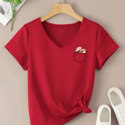 تیشرت پنبه‌ای طرح گل یقه V (فیت معمولی) - KIRMIZI RED