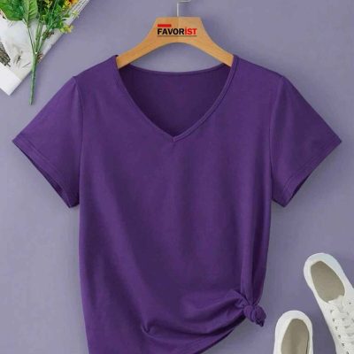 تیشرت پنبه‌ای یقه V ساده (بدون طرح) بیسیک - PURPLE(MOR)