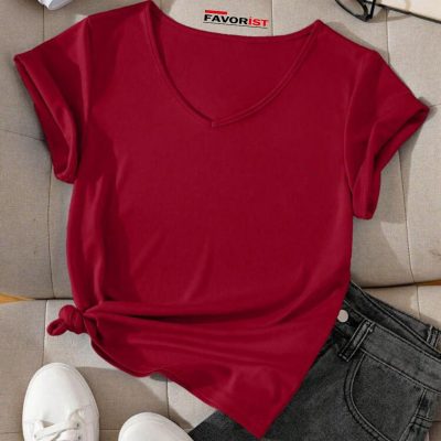 تیشرت پنبه‌ای یقه V ساده (بدون طرح) بیسیک - قرمز