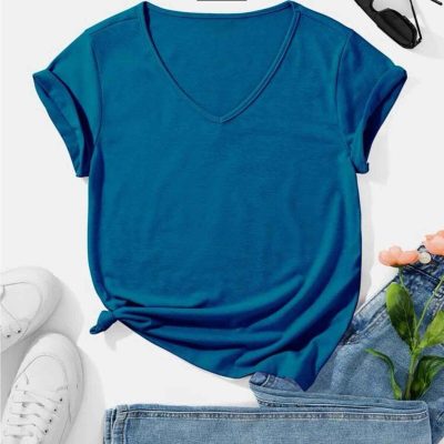 تیشرت پنبه‌ای یقه V مدل بیسیک (طرح ساده)