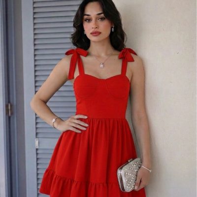 بریانا لباس دو رنگ میان‌تنه با کمربند - Kırmızı-Red