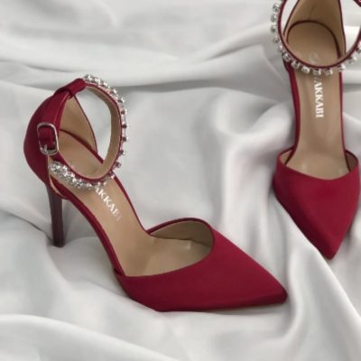 Kırmızı Saten Topuklu Taşlı Stiletto Abiye Ayakkabı Topuk Boyu 9 Cm