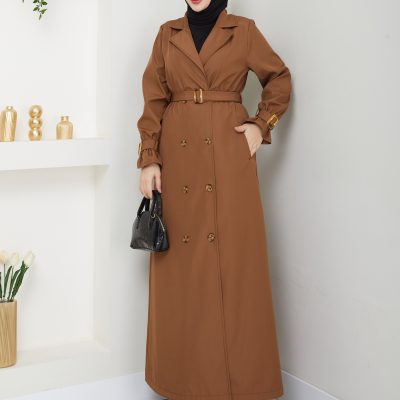 پالتو زنانه بارانی ترنچ کت بلند کمربنددار یقه کراواتی مدل RC1403013 - تابا