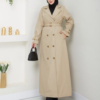 پالتو زنانه بارانی ترنچ کت بلند کمربنددار یقه کراواتی مدل RC1403013 - Taş