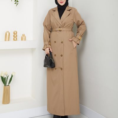 پالتو زنانه بارانی ترنچ کت بلند کمربنددار یقه کراواتی مدل RC1403013 - Vizon