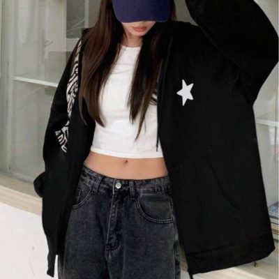 هودی زنانه طرح ستاره نقره‌ای مشکی با زیپ کامل
