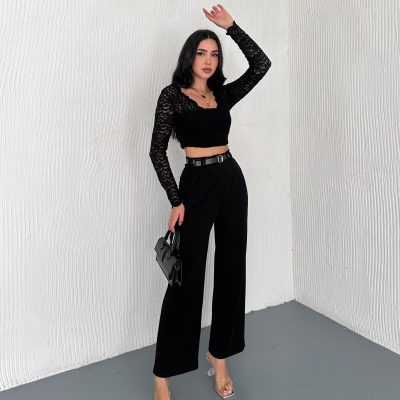 شلوار کمردار با چین جلو و پارچه بورومجوک زنانه مدل آزاد - مشکی
