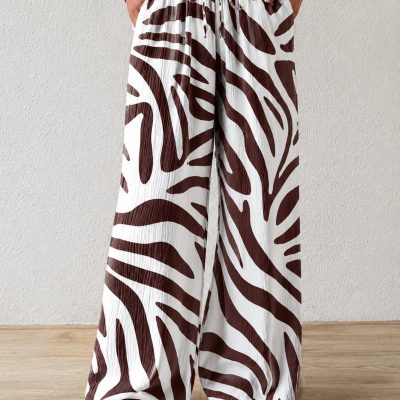 شلوار زنانه بوریومجوک کتان با کمربند پارچه‌ای و پاچه گشاد - Kahve Zebra
