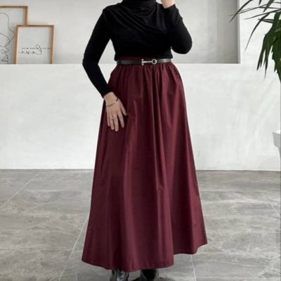 دامن بلند روزمره با کش و پارچه پاپلین - Koyu Bordo