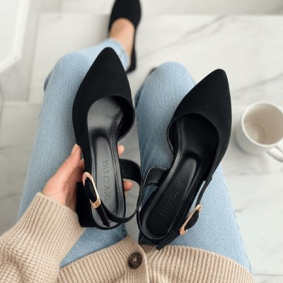 کفش بنددار Aura مشکی ساتن با پاشنه 4 سانتی و پنجه نوک تیز