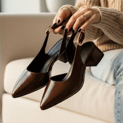 کفش بابلت پاشنه‌دار Aura مدل قهوه‌ای چرم کروک طرح دار با پاشنه ۴ سانتی متری