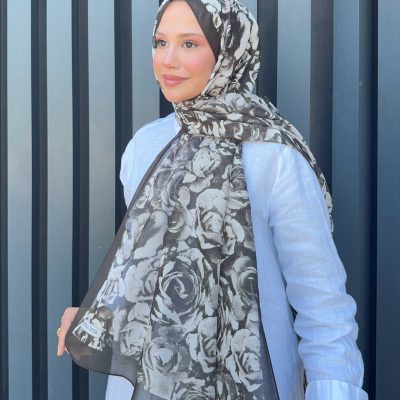شال طرح رترو پنبه‌ای مشکی و سفید ps2 - Füme beyaz