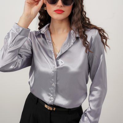 پیراهن زنانه ساتن طوسی با سایز بندی گسترده
