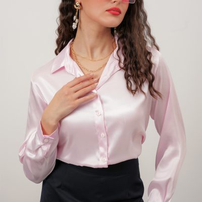 Kadın Pembe Saten Gömlek Geniş Beden Aralığı