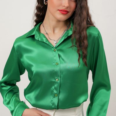 Kadın Yeşil Saten Gömlek Geniş Beden Aralığı
