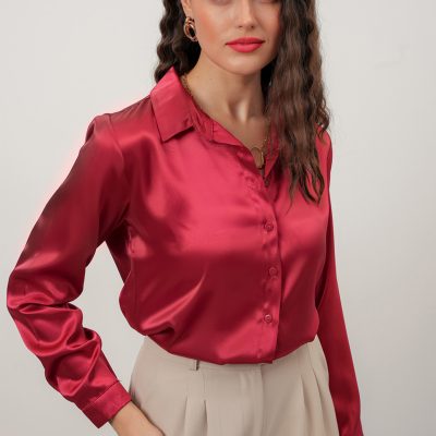 Kadın Bordo Saten Gömlek Geniş Beden Aralığı