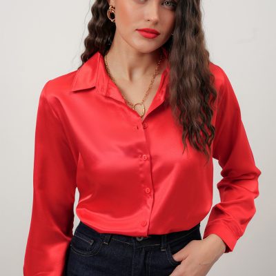 Kadın Kırmızı Saten Gömlek Geniş Beden Aralığı