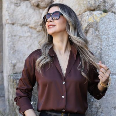 پیراهن ساتن آستین بلند قهوه‌ای