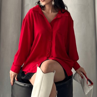 پیراهن زنانه پرلا مشکی تک جیب اورسایز، مدل گشاد آیروبین - قرمز