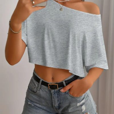 تیشرت کراپ زنانه یقه قایقی شانه‌افتاده - خاکستری