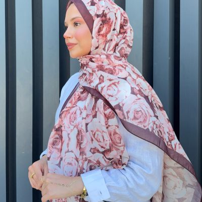 شال پنبه‌ای طرح رترو سری Aura مدل قهوه‌ای ps53 - Bordo Gül