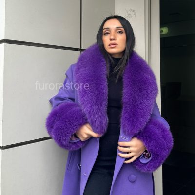 پالتوی کاشمیری زنانه با یقه خز - کت کاشمیری بلند زنانه - بنفش