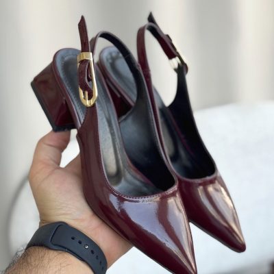 کفش زنانه پاشنه کوتاه با بند ملی - چرم طبیعی - Bordo-Rugan-126281