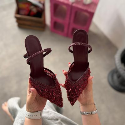 کفش پاشنه‌بلند زنانه Anje مشکی با توری و مهره‌دوزی - شرابی